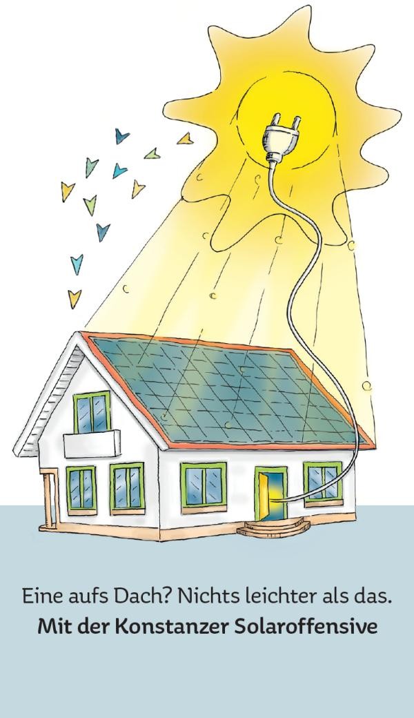 Zeichnung eines Hauses mit einer Solaranlage auf dem Dach, von oben scheint die Sonne
