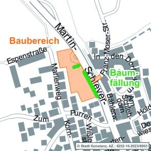 Baubereich mit eingezeichneten Baumfällungen