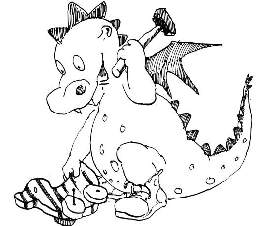 Schwarz-weiß-Zeichnung eines Drachen, der mit einem Hammer eine Tigerente repariert