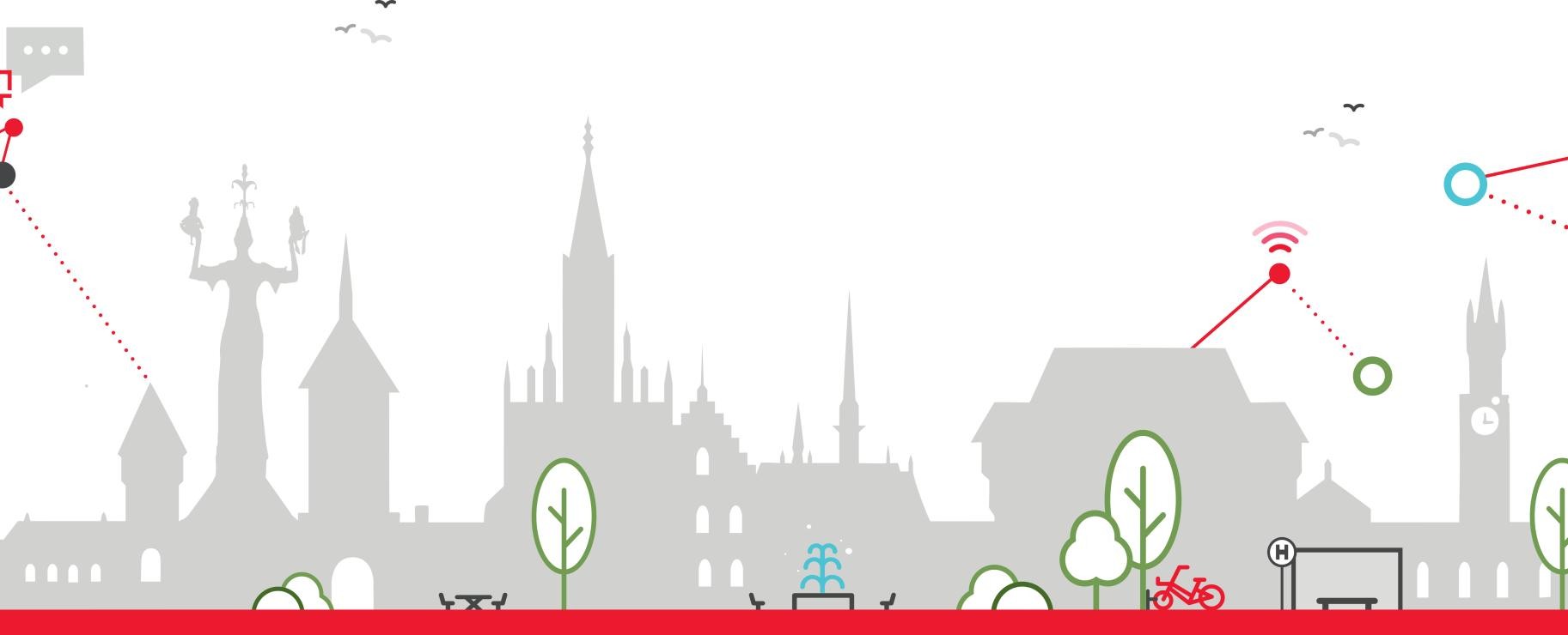 Silhouette der Stadt Konstanz mit bunten Netzwerklinien und Text Smart Green City Konstanz vernetzt gestalten