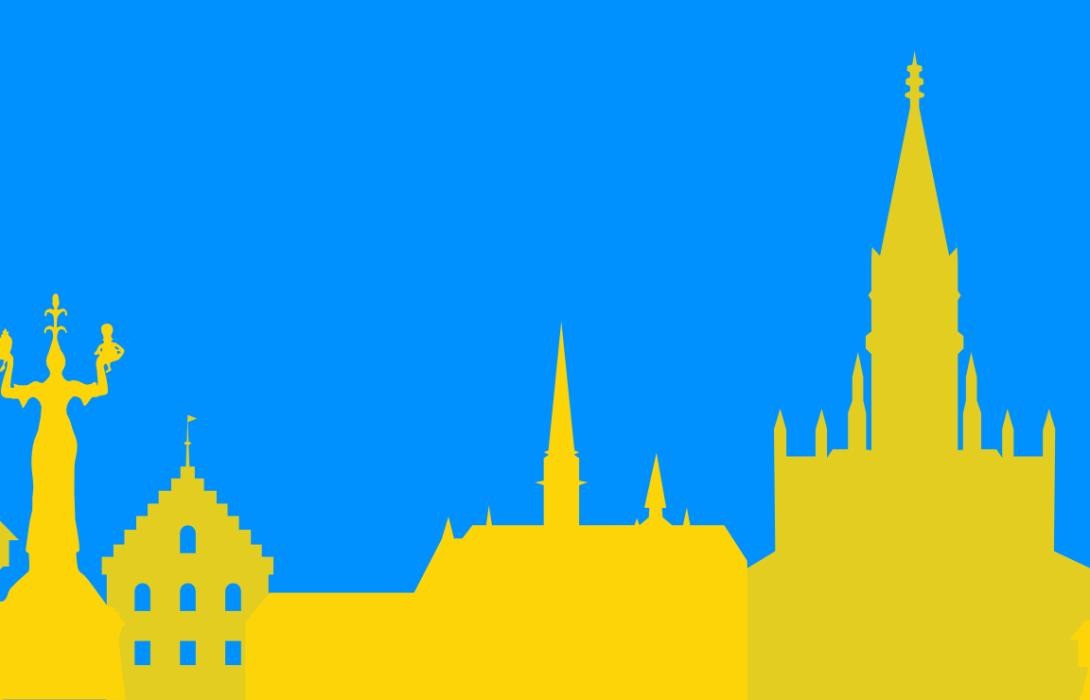 Grafik in den Farben der ukrainischen Flagge mit der Konstanzer Silhouette in Gelb.