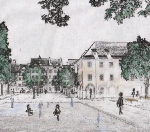 Skizze zur Neugestaltung des Stephansplatzes mit Bäumen und einem Wasserfontänenfeld