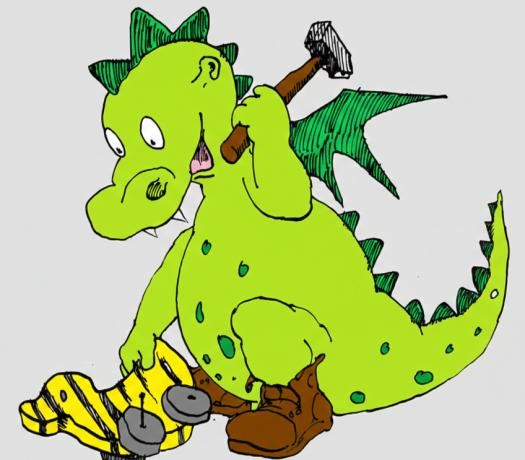 Schwarz-weiß-Zeichnung eines Drachen, der mit einem Hammer eine Tigerente repariert