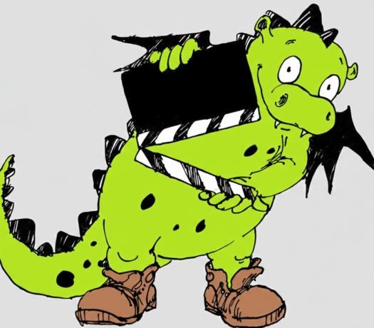 Schwarz-Weiß-Zeichnung eines Drachen mit Filmvorführgerät