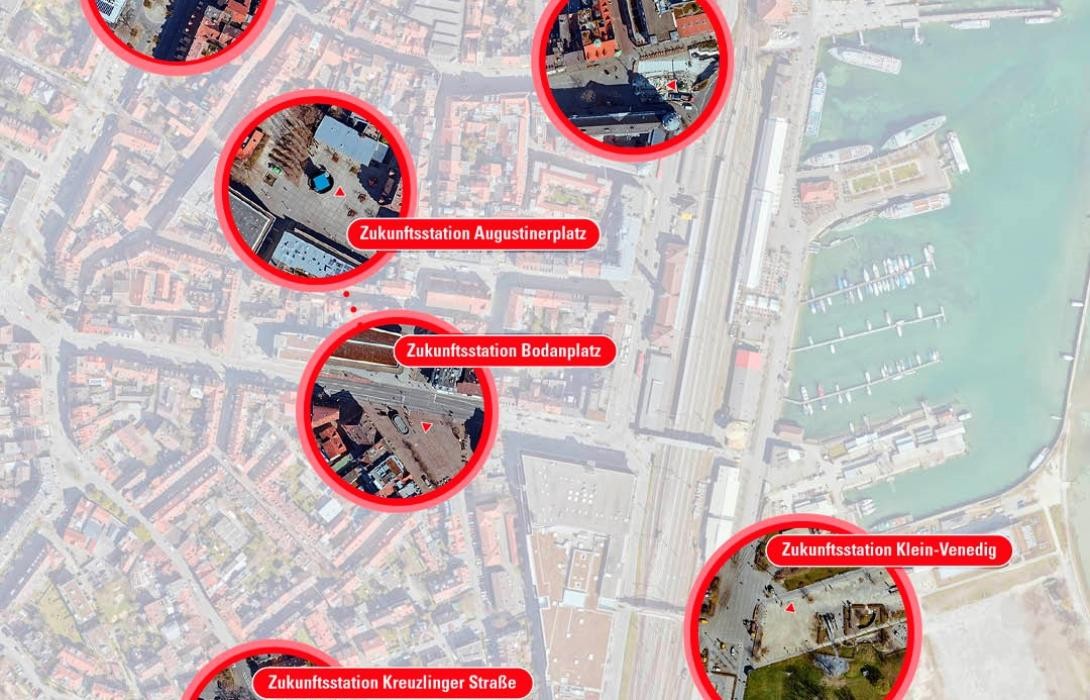 Luftbild auf Innenstadt mit eingezeichneten Stationen Zukunftsbilder 