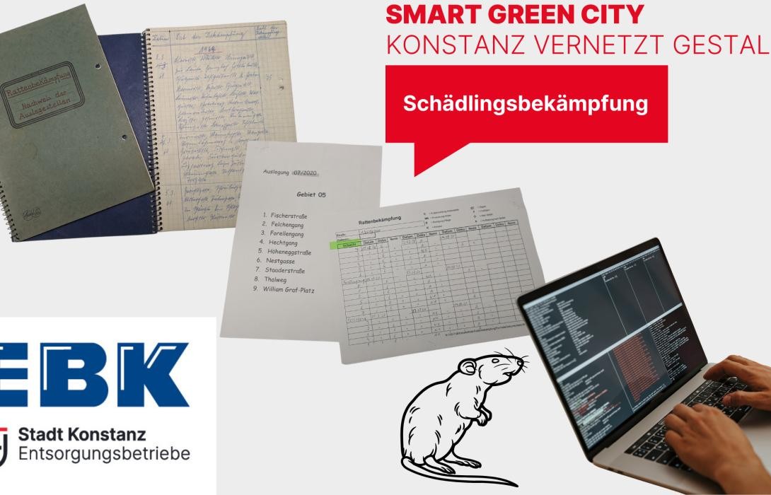Collage von Notizbuch 1969, Liste 2020 und Laptop. In der Ecke oben rechts der Schrift-zug Smart Green City, darunter in roter Sprechblase Schädlingsbekämpfung und in der Ecke unten links das Logo der Entsorgungsbetriebe Stadt Konstanz 