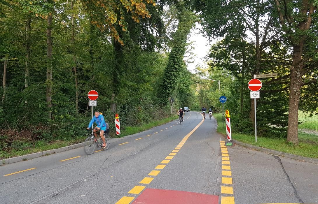 Blick i auf eine Straße mit gelb markierten Fahrstreifen für Fahrradfahrer