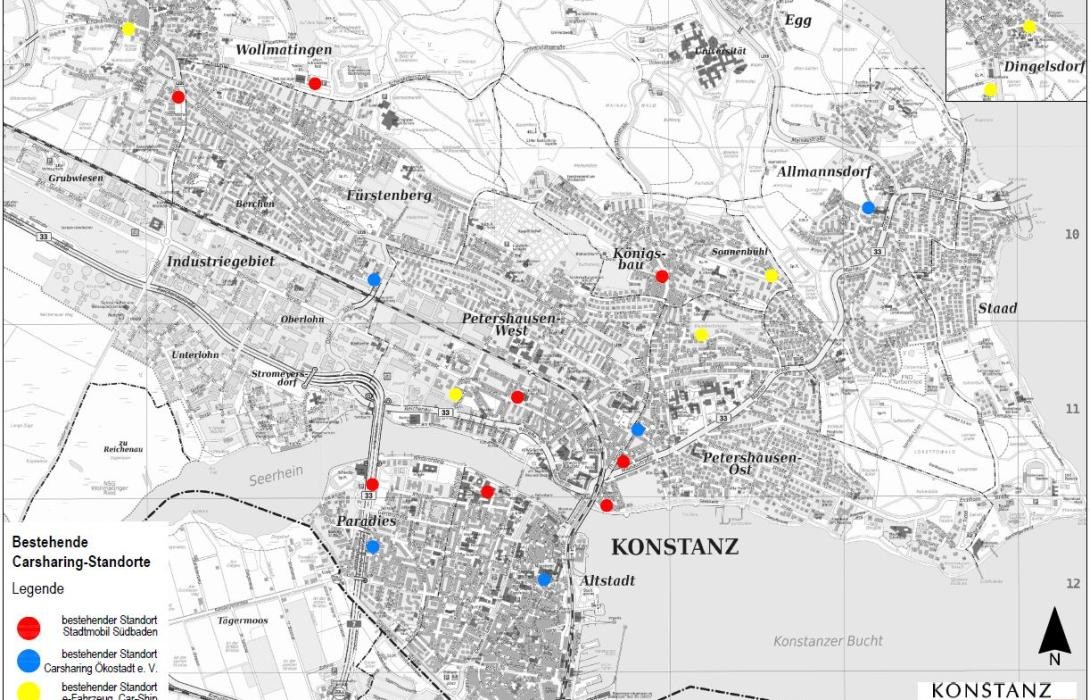 Karte mit verzeichneten CarSharing Standorten in Konstanz