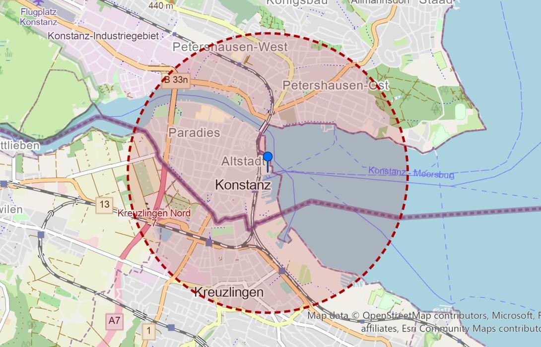 Karte von Konstanz; in einem roten Kreis ist der Radius des Drohnenflugverbots markiert