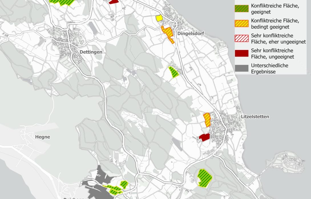 Ausschnitt aus dem Stadtplan der Konstanzer Gemarkung; einzelne Flächen sind in verschiedenen Farben markiert