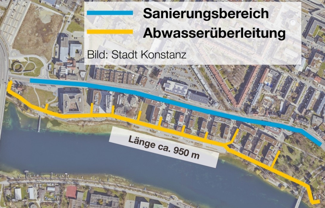 Luftbild Reichenaustraße Konstanz, Sanierungsbereich und Abwasserüberleitung sind markiert.