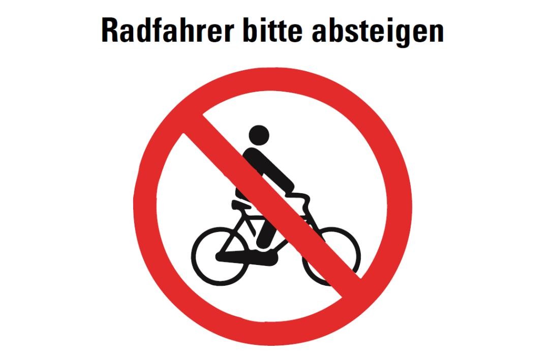Grafik eines Verbotsschild, das Radfahrer bittet, abzusteigen