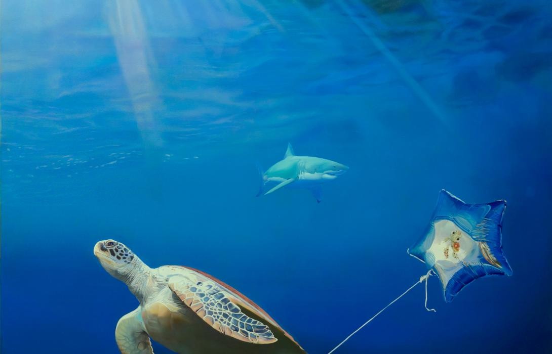 Gemälde, zu sehen ist eine Schildkröte unter Wasser, an deren Flosse eine Helium-Ballon in Sternform hängt.