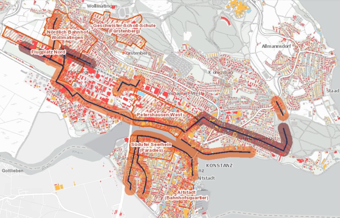 Energienutzungsplan: Karte von Konstanz mit roten und orangenen Markierungen