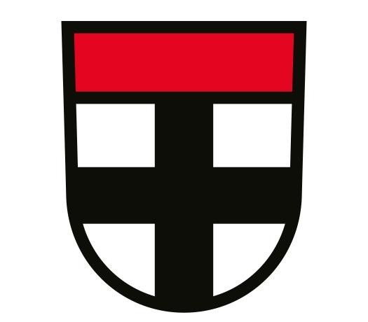 Historisches Wappen der Stadt Konstanz: oben ein roter Querbalken, darunter ein schwarzes Kreuz
