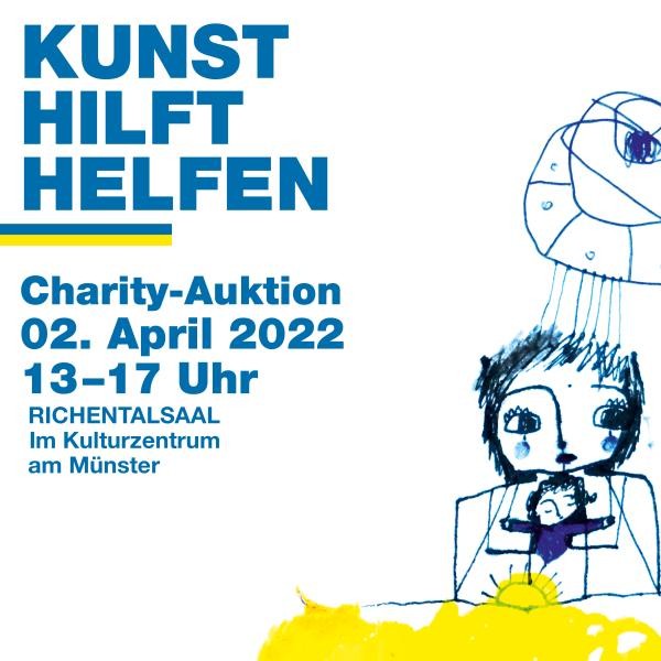 Grafik mit einer Illustration und dem Text: Kunst hilft helfen. Charity-Auktion. 2. April 2022. 13-17 Uhr. Richentalsaal im Kulturzentrum am Münster.