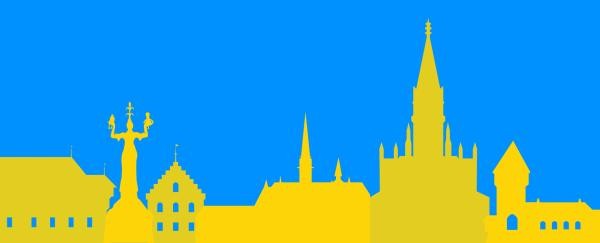 Grafik der Konstanzer Skyline in den Farben der ukrainischen Flagge.