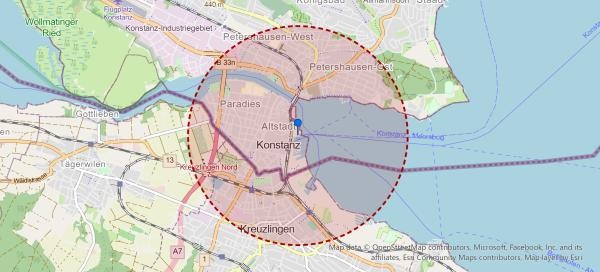 Karte von Konstanz; in einem roten Kreis ist der Radius des Drohnenflugverbots markiert
