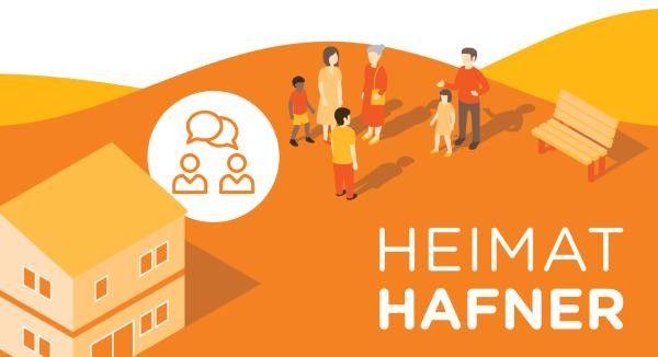 Orange Grafik zur Heimat Hafner: Hügel mit Menschengruppe und einem Haus