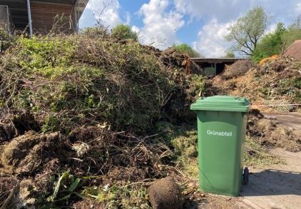 Grünabfalltonne inmitten von Grünabfall