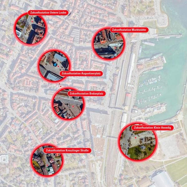 Luftbild auf Innenstadt mit eingezeichneten Stationen Zukunftsbilder 