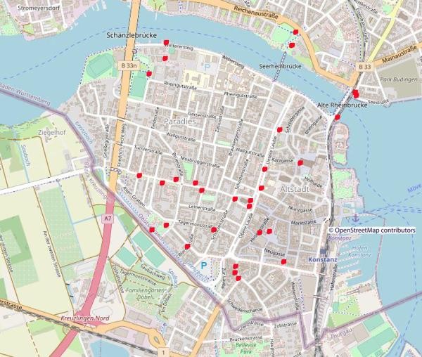 Karte von Altstadt und Paradies mit möglichen Standorten für Bänke
