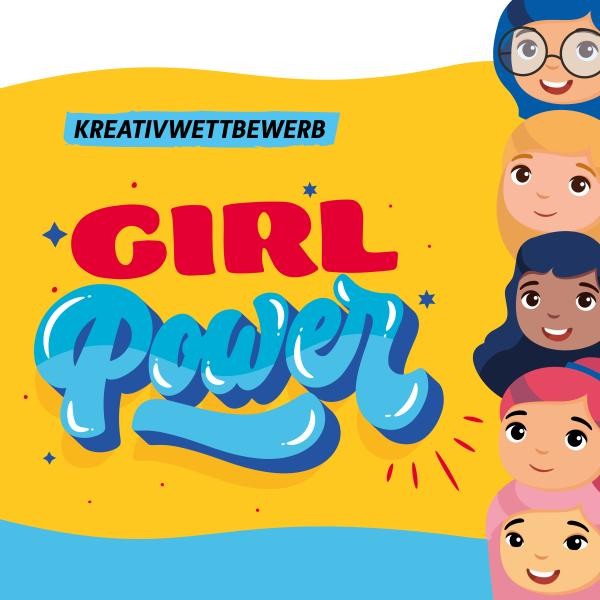 Grafik zum Wettbewerb mit gezeichneten Mädchenköpfen und dem Schriftzug Kreativwettbewerb Girl Power