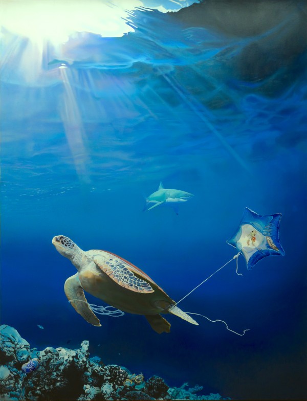 Gemälde, zu sehen ist eine Schildkröte unter Wasser, an deren Flosse eine Helium-Ballon in Sternform hängt.