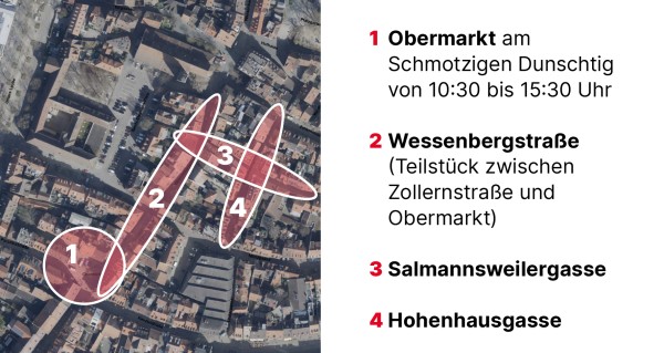 Die Karte markiert den Obermarkt, die Wessenbergstraße, Salmannweilergasse und die Hohenhausgasse.