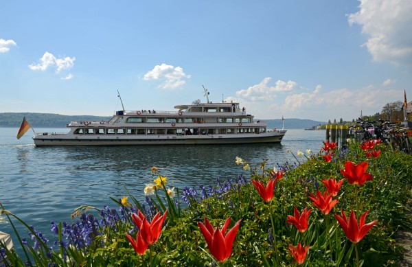 Ein weißes Schiff auf dem See, im Vordergrund rote Blumen
