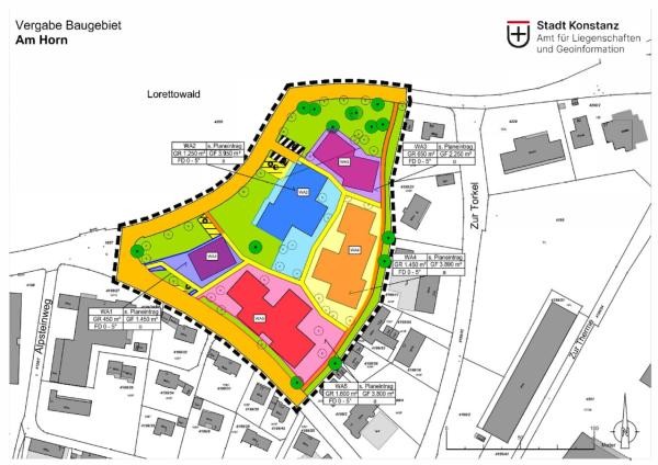 Farbig markierter Lageplan der zu vergebenden Grundstücke Am Horn