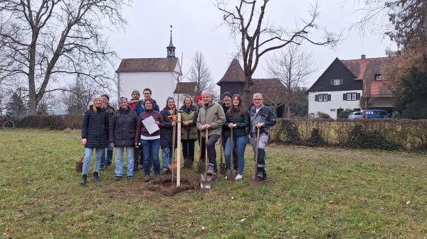 Eine Gruppe Menschen, zum Teil mit Schaufeln in den Händen, stehen draußen auf einer Wiese um einen frisch gepflanzten jungen Baum herum