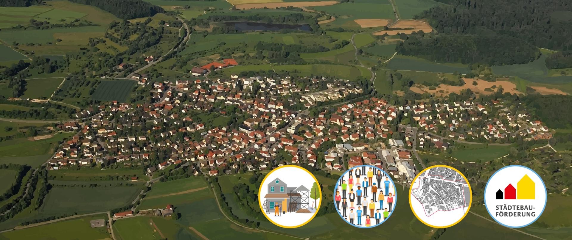 Schrägluftbild auf Dettingen, leicht abstrahiert mit 4 Symbolen: Häuserfront mit Wärmenetz, Innendämmung, Heizkörper, Haus mit PV