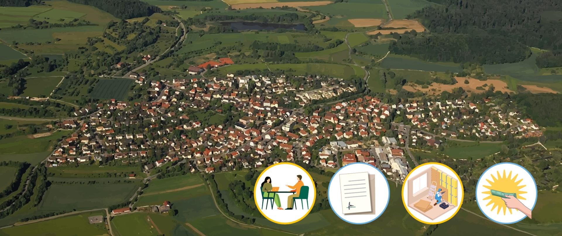 Schrägluftbild auf Dettingen, leicht abstrahiert mit 4 Symbolen: Beratungsgespräch, Vertrag, Sanierungsarbeiten, Erhalt von Fördermitteln