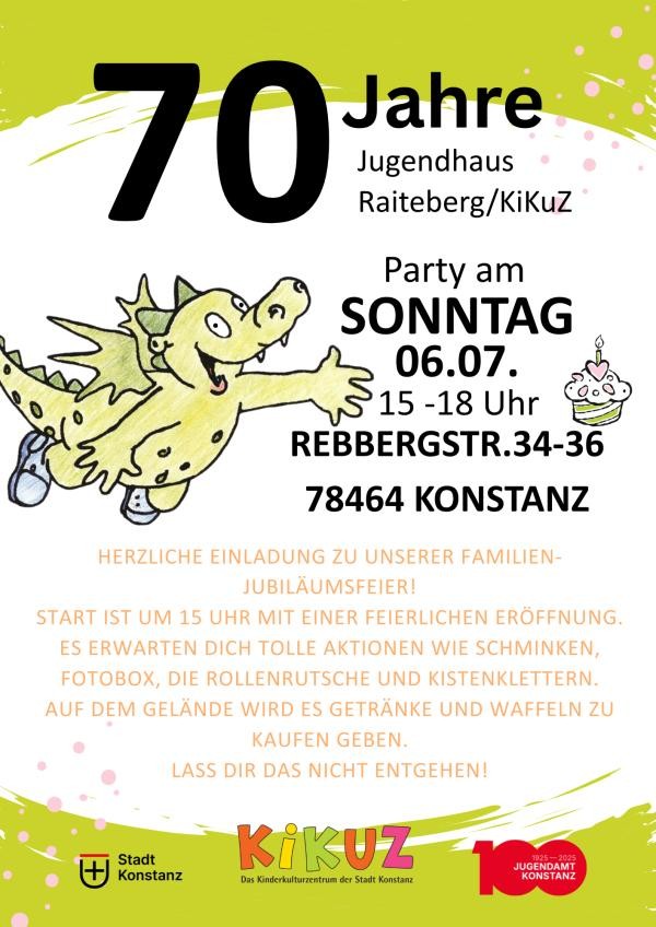 Plakat mit einem hellgrünen gezeichneten Drachen, der auf die Jubiläumsveranstaltung zu 70 Jahre KiKuZ hinweist