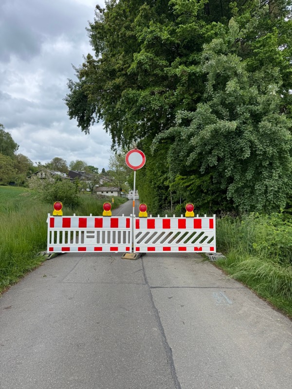 Auf dem Bild zu sehen ist eine Straße, die gesperrt wurde. Links und rechts Wiese und Bäume.