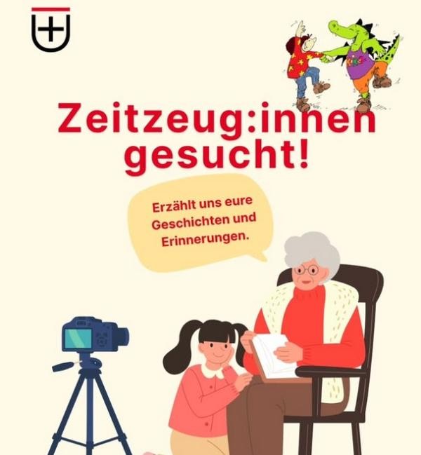 Aufruf ZeitzeugInnen gesucht. Illustration: ältere Dame auf Stuhl mit Zettel in der Hand. Kniend daneben ein Mädchen. Vor den beiden eine Filmkamera.