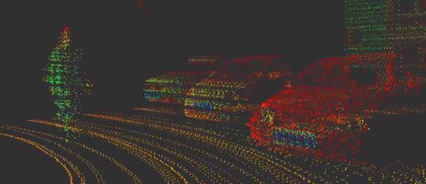 viele bunte Punkte ergeben ein Bild vom Straßenraum mit Fußgänger und Autos