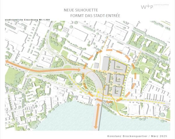 Auf dem Bild ist eine Plandarstellung des neu gestalteten Europaquartiers zu sehen. Übers Europaquartier hinaus sind weitere Stadtviertel zu sehen, sowie Teilde des Bodensees.