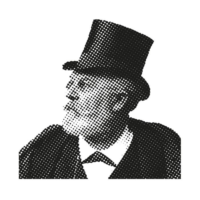 Schwarz-Weiß-Bild eines Herrn mit Bart, Anzug und einem Zylinder auf dem Kopf