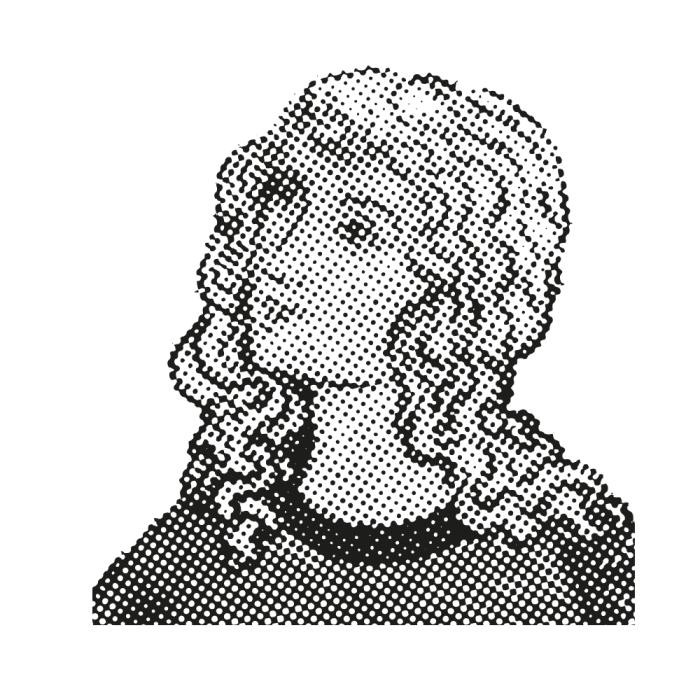 Schwarz-Weiß-Darstellung einer mittelalterlichen Frau mit langen lockigen Haaren