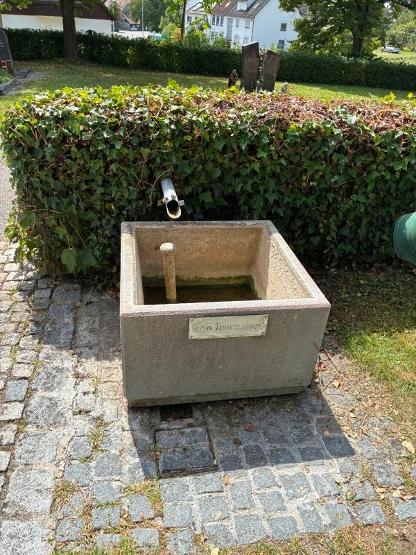 Das Bild zeigt einen kleinen rechteckigen Steinbrunnen mit einem Metallrohr als Wasserhahn, aus dem kein Wasser fließt. Auf der Vorderseite ist ein Schild mit der Aufschrift „Kein Trinkwasser“ angebracht. Der Brunnen steht auf einem gepflasterten Platz, im Hintergrund sind eine niedrige Hecke und Bäume zu sehen.