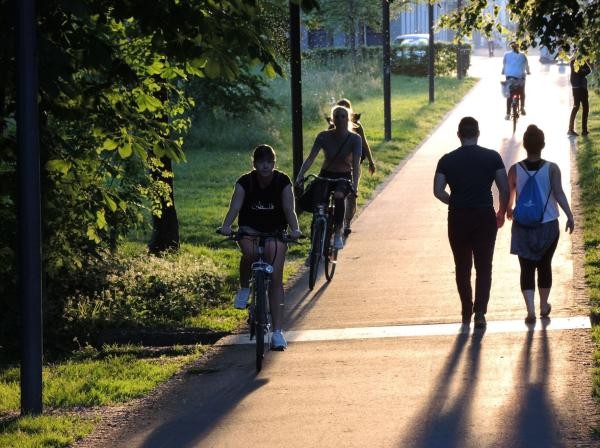 zwei Personen auf Fahrrad fahren her. zwei Personen laufen weg. Auf einem Weg zwischen Grün.
