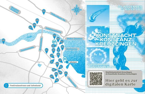 Karte in blau-weiß mit allen teilnehmenden Orte und Schriftzur Kunstnacht Konstanz Kreuzlingen