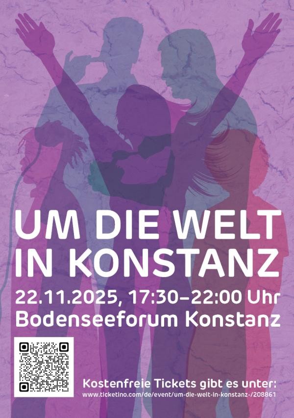 Copyright Stadt Konstanz Lila Grafik mit Schriftzug "Um die Welt in Konstanz"