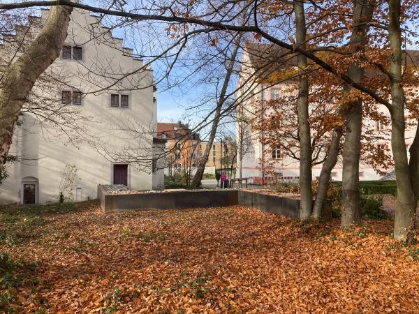 Auf dem Bild zu sehen sind zwei helle Gebäude, davor Bänke und viel Herbstlaub auf der Wiese/Boden.