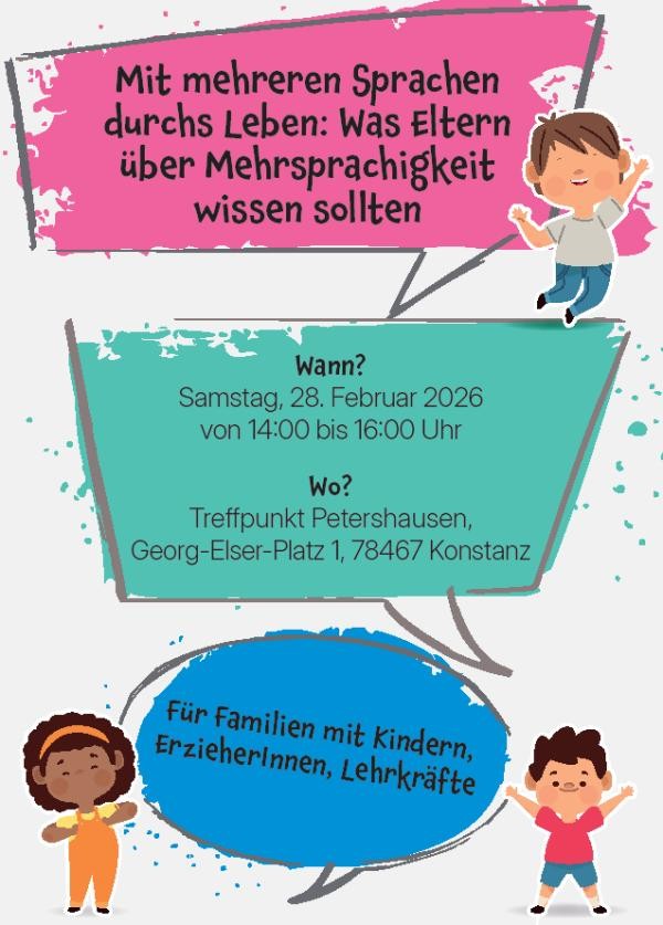 Copyright Stadt Konstaanz Flyer zur Mehrsprachigkeitsveranstaltung mit bunten Figuren und Sprechblasen darauf