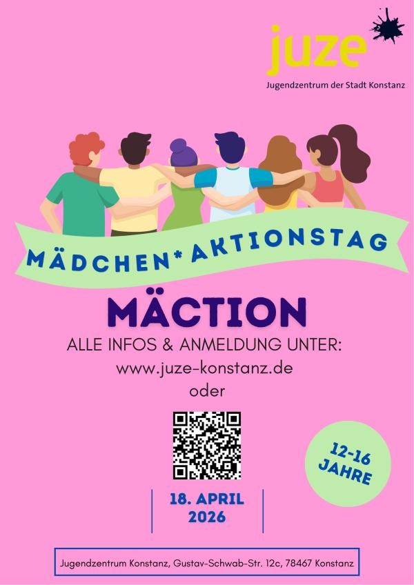 Plakat zur Veranstaltung darauf eine Illustration von sitzenden Mädchen von hinten auf rosa Hintergrund, darunter Text zur Veranstaltung teilweise mit grün hinterlegten Grafiken.