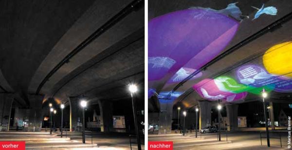 Vorher-Nachher-Vergleich der Lichtinstallation unter der Hochbrücke am Konstanzer Fernbusbahnhof: Links der unbeleuchtete Beton bei Nacht, rechts die farbenfrohe Projektion mit Motiven in Lila, Pink, Grün und Gelb. Foto: Markus Brenner.
