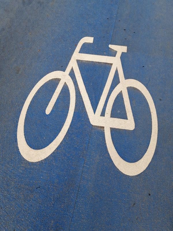 Weißes Fahrradsymbol auf blau markiertem Asphalt – Kennzeichnung einer Fahrradstraße.